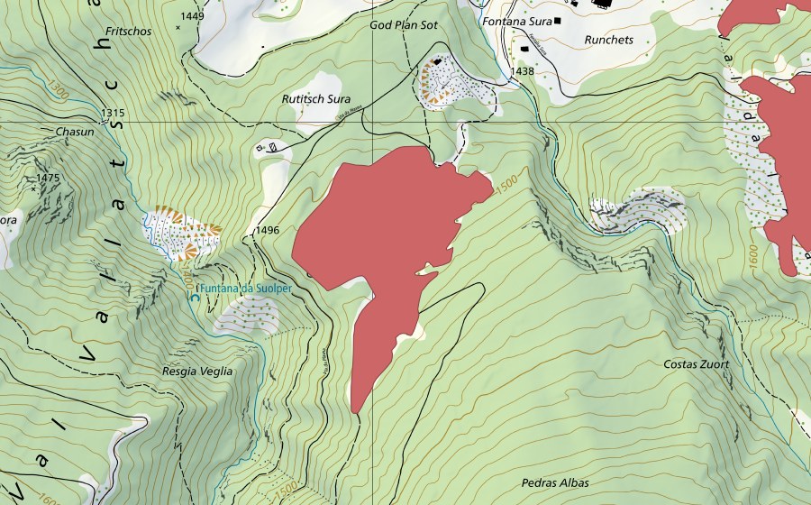 Carte nationale swisstopo avec le périmètre protégé de Godplan (Prairie sèche)