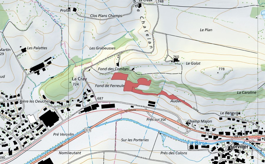 Carte nationale swisstopo avec le périmètre protégé de Golat (Prairie sèche)