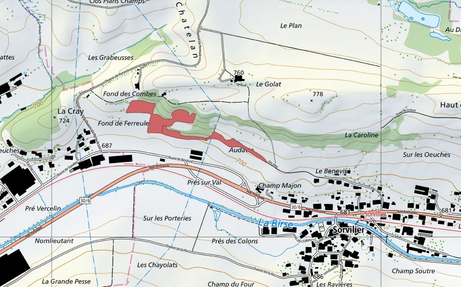 Landeskarte swisstopo mit dem Schutzperimeter von Golat (Trockenwiese)