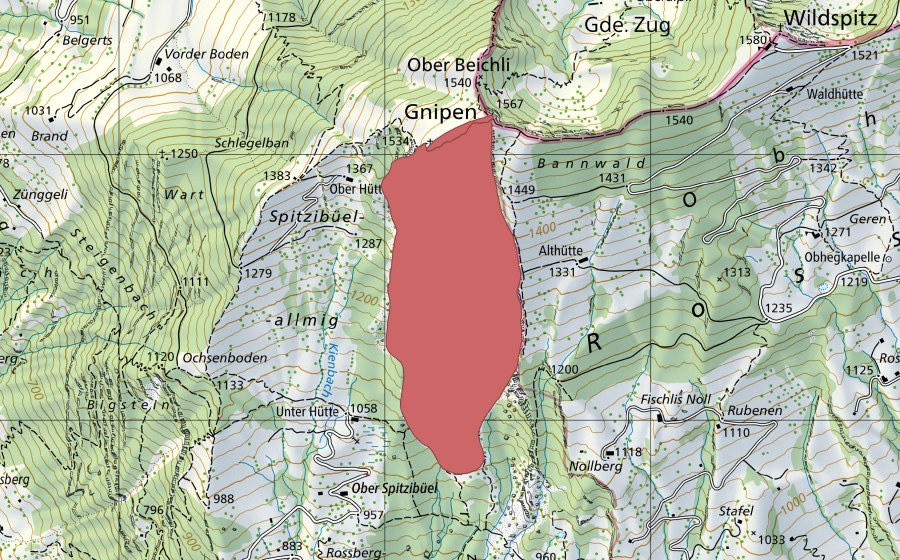 Carte nationale swisstopo avec le périmètre protégé de Goldauer Bergsturz (Prairie sèche)