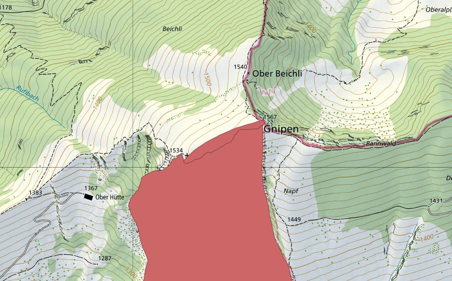 swisstopo national map showing the protected perimeter of Goldauer Bergsturz (Dry meadow)