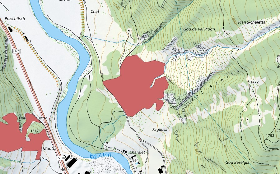 Carte nationale swisstopo avec le périmètre protégé de Gondas (Prairie sèche)