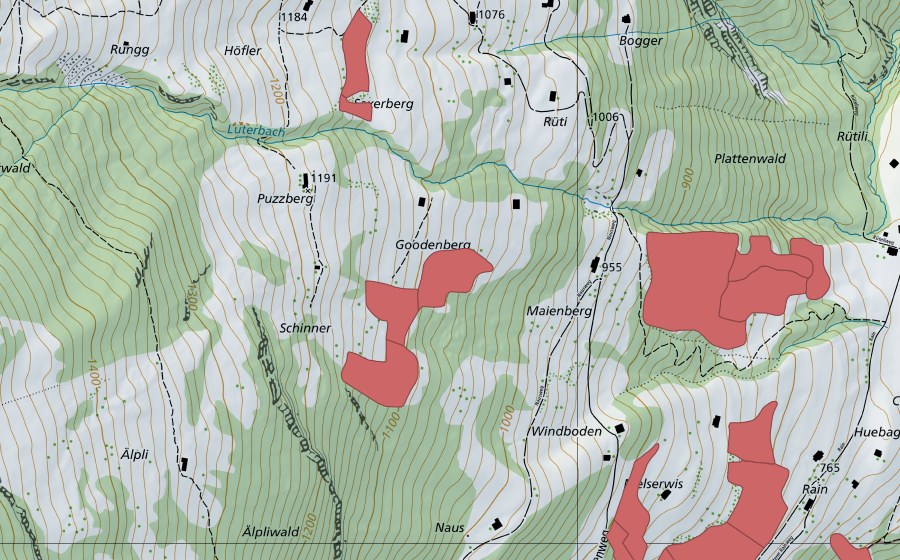 swisstopo national map showing the protected perimeter of Goodenberg (Dry meadow)