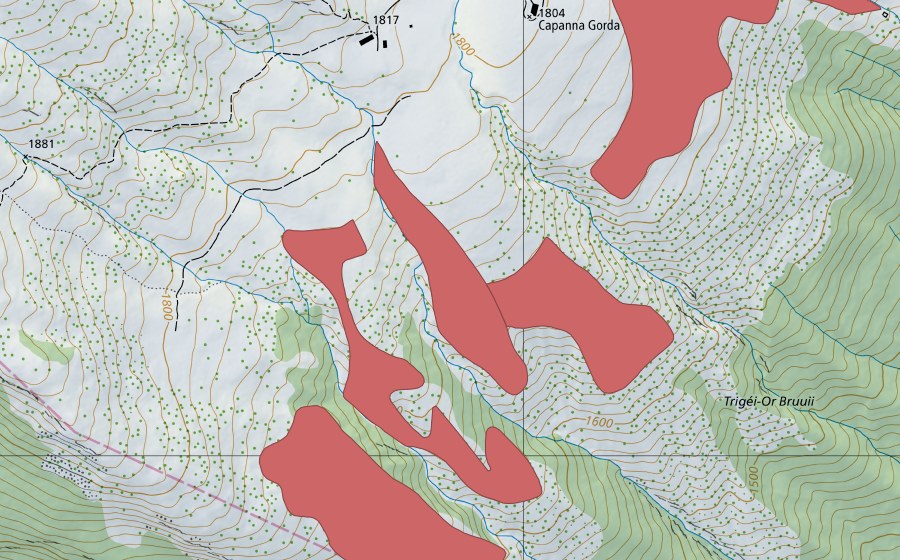 Landeskarte swisstopo mit dem Schutzperimeter von Gorda di Sopra (Trockenwiese)