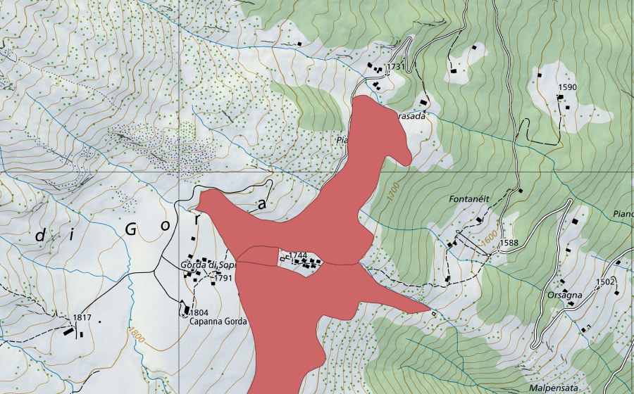 swisstopo national map showing the protected perimeter of Gorda di Sotto (Dry meadow)