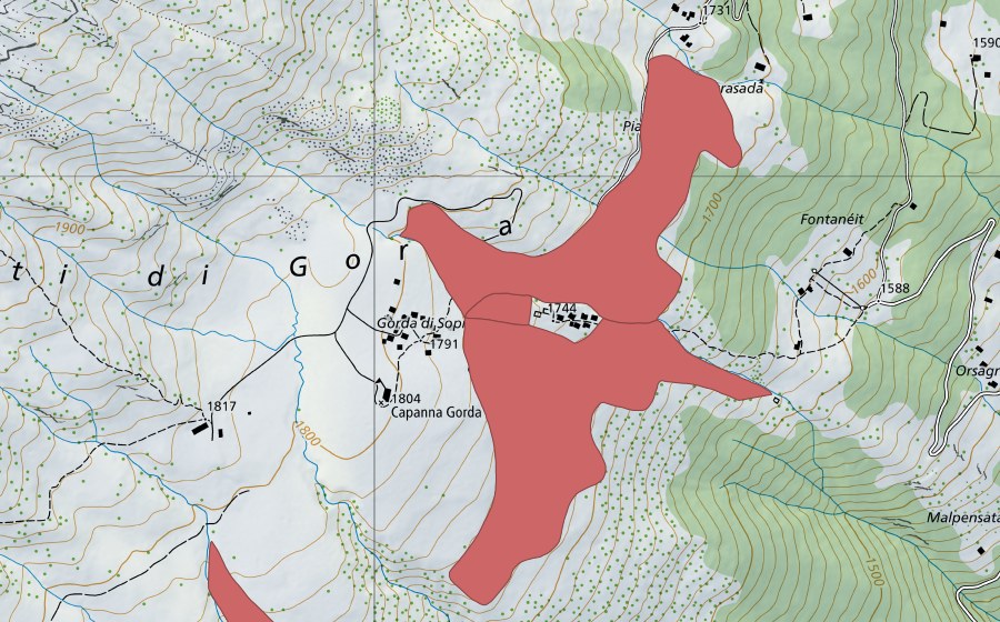 Landeskarte swisstopo mit dem Schutzperimeter von Gorda di Sotto (Trockenwiese)