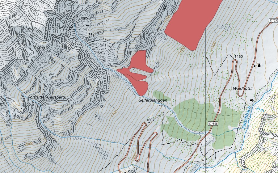 Landeskarte swisstopo mit dem Schutzperimeter von Gorplanggen (Trockenwiese)