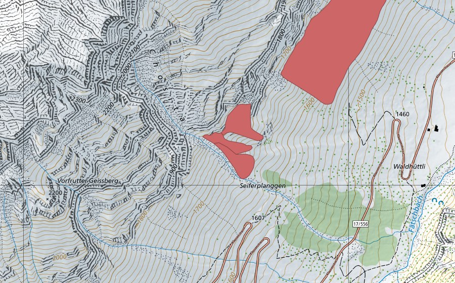 Landeskarte swisstopo mit dem Schutzperimeter von Gorplanggen (Trockenwiese)