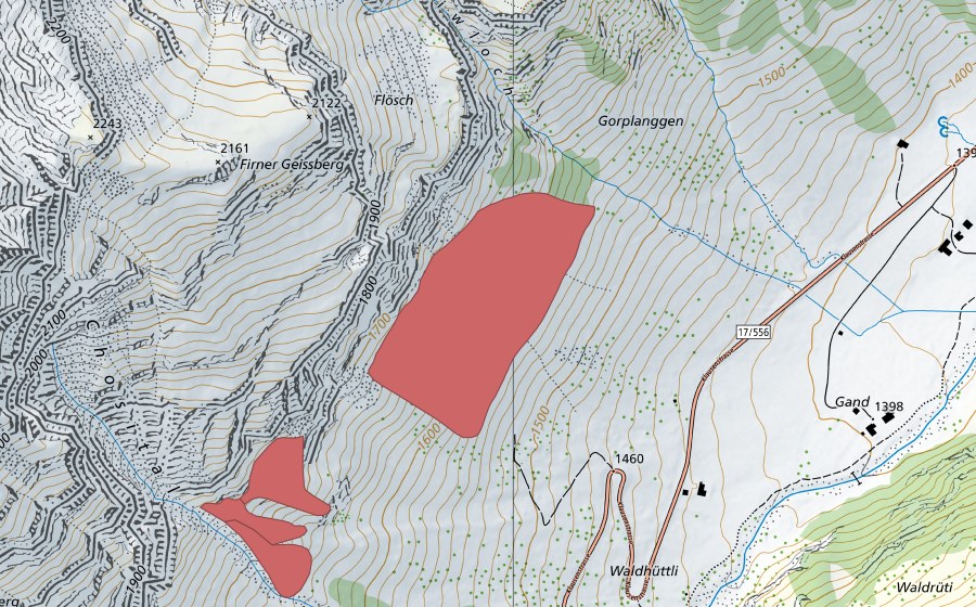 Landeskarte swisstopo mit dem Schutzperimeter von Gorplanggen (Trockenwiese)