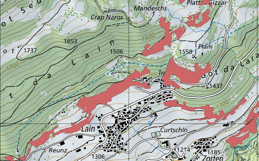 Carte nationale swisstopo avec le périmètre protégé de Got da Lareschs (Prairie sèche)