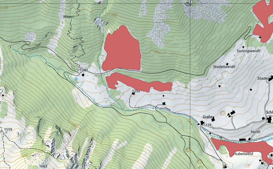 Carte nationale swisstopo avec le périmètre protégé de Grabe (Prairie sèche)