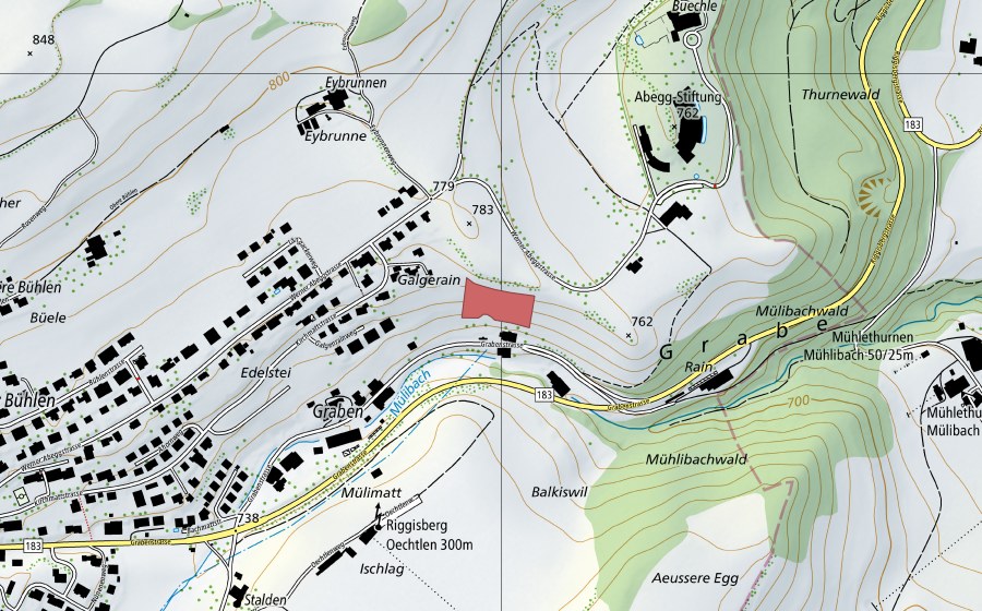 Carte nationale swisstopo avec le périmètre protégé de Graben (Prairie sèche)