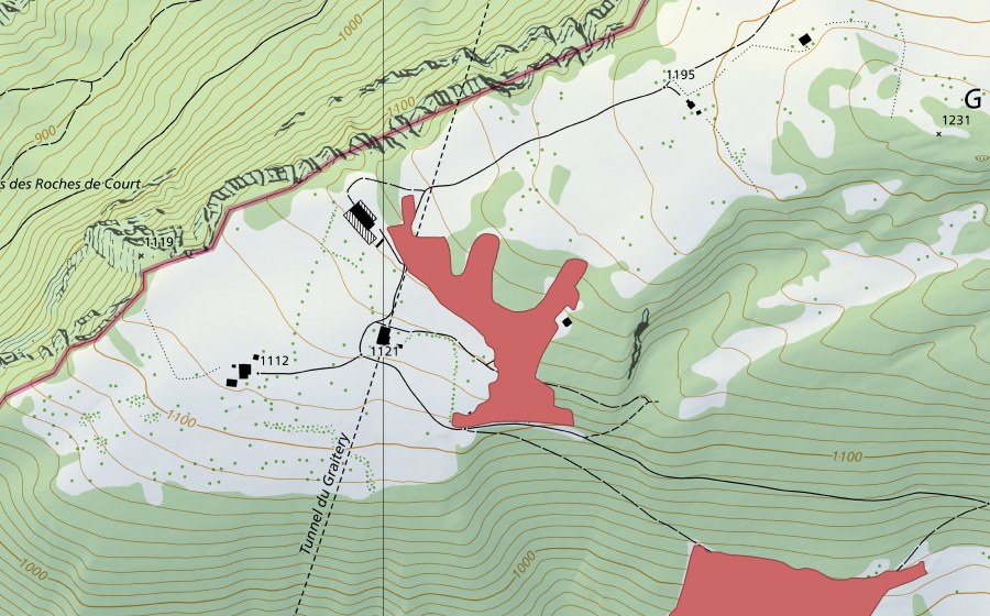 Carte nationale swisstopo avec le périmètre protégé de Graitery (Prairie sèche)