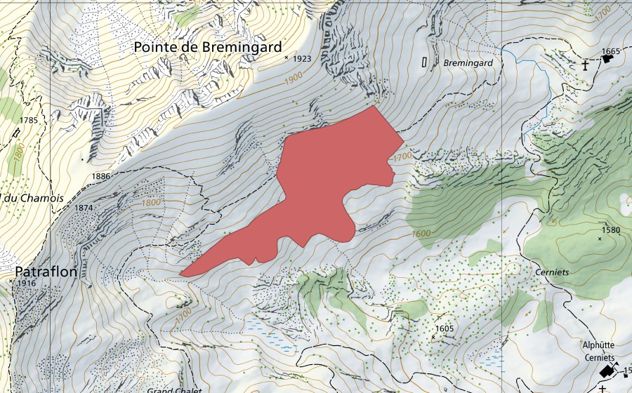 swisstopo national map showing the protected perimeter of Grand Chalet (Dry meadow)