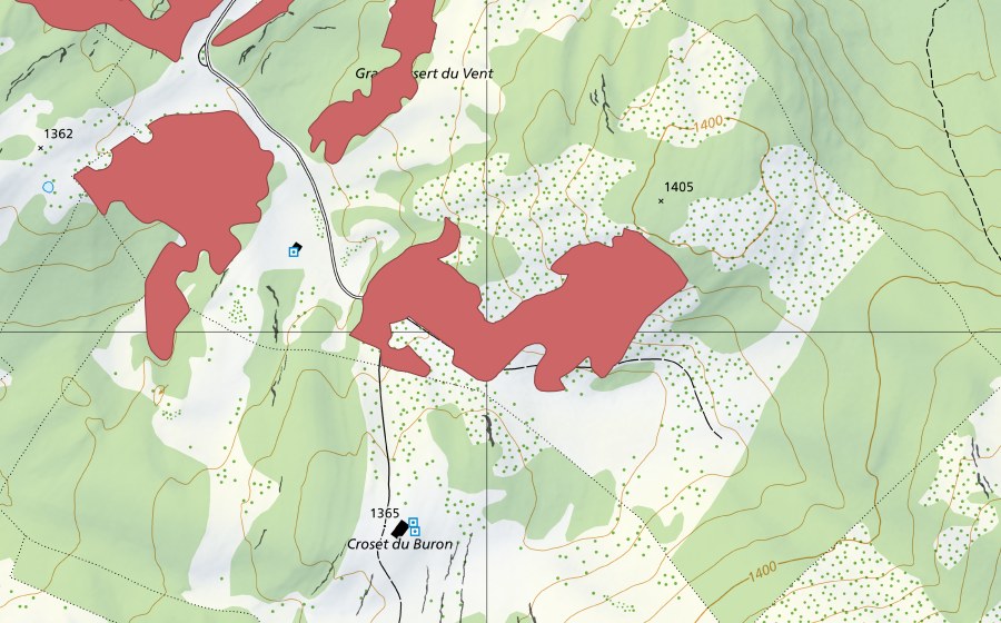 Landeskarte swisstopo mit dem Schutzperimeter von Grand Essert du Vent (Trockenwiese)