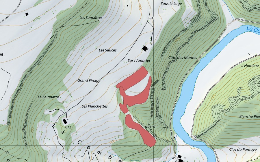 Carte nationale swisstopo avec le périmètre protégé de Grand Finage (Prairie sèche)