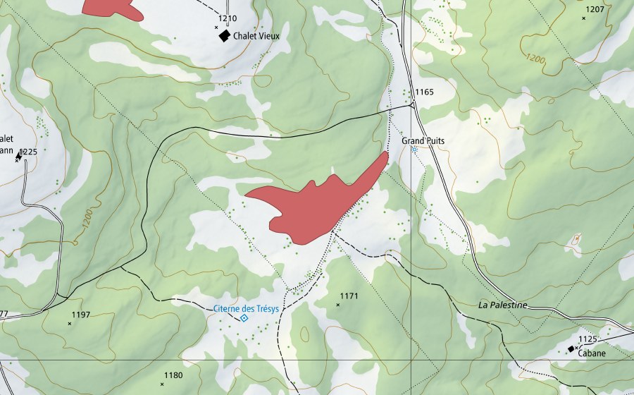 Carte nationale swisstopo avec le périmètre protégé de Grand Puits (Prairie sèche)