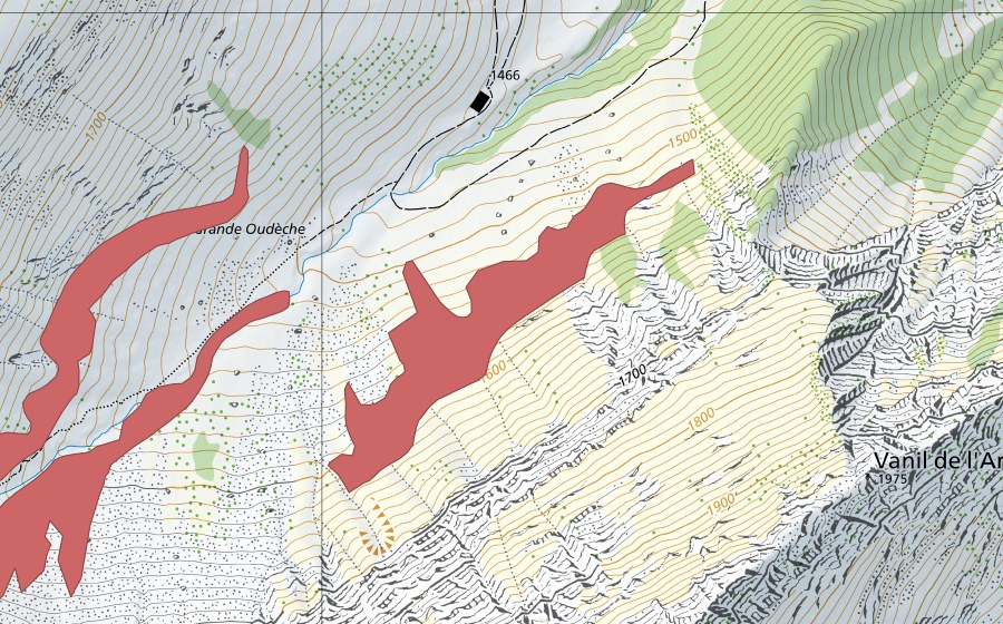 Landeskarte swisstopo mit dem Schutzperimeter von Grande Oudèche (Trockenwiese)