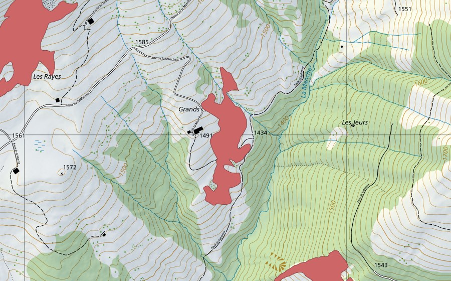 Carte nationale swisstopo avec le périmètre protégé de Grands Craux (Prairie sèche)