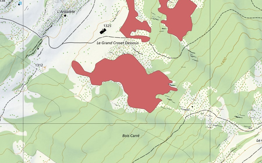 swisstopo national map showing the protected perimeter of Grands Crosets Dessous (Dry meadow)