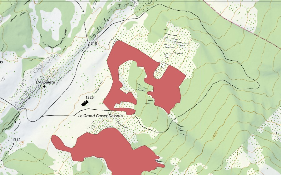 Carte nationale swisstopo avec le périmètre protégé de Grands Crosets Dessous (Prairie sèche)