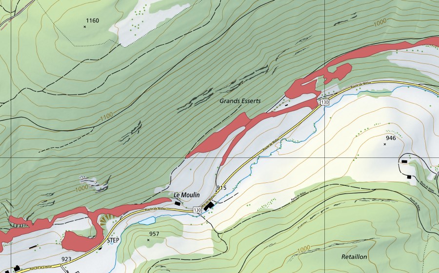 swisstopo national map showing the protected perimeter of Grands Esserts (Dry meadow)