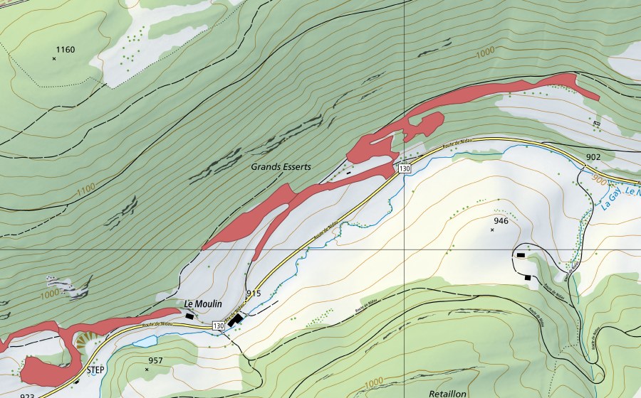 Carte nationale swisstopo avec le périmètre protégé de Grands Esserts (Prairie sèche)