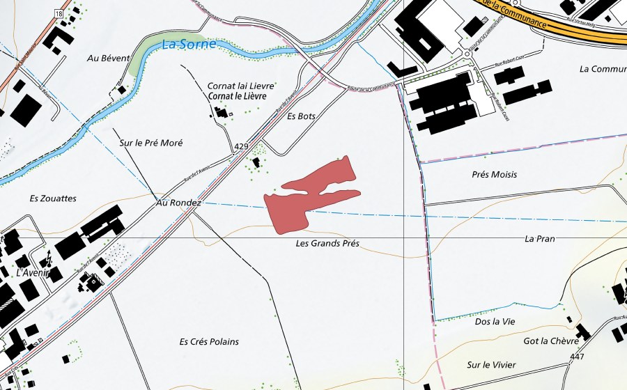 Carte nationale swisstopo avec le périmètre protégé de Grands Prés (Prairie sèche)