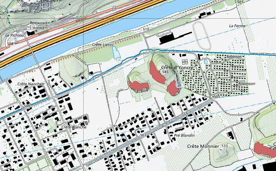 Carte nationale swisstopo avec le périmètre protégé de Granges (Prairie sèche)