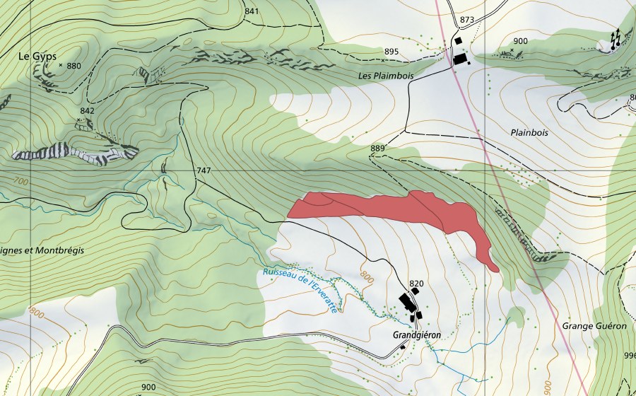 Carte nationale swisstopo avec le périmètre protégé de Grangiéron (Prairie sèche)