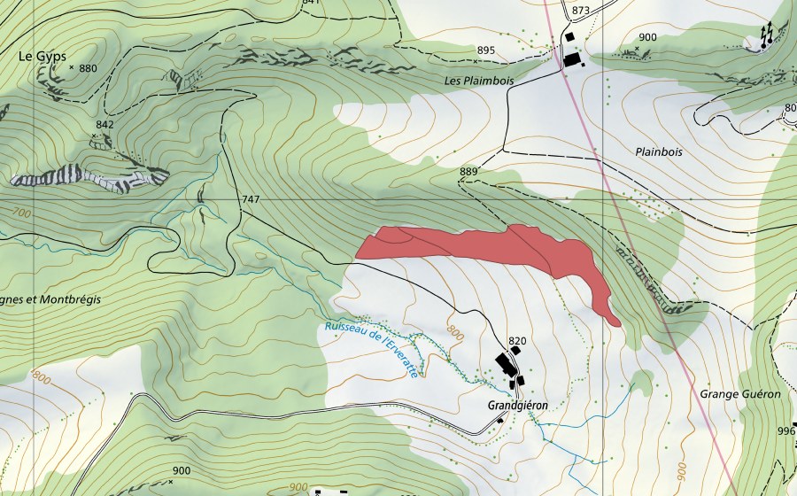 Carte nationale swisstopo avec le périmètre protégé de Grangiéron (Prairie sèche)