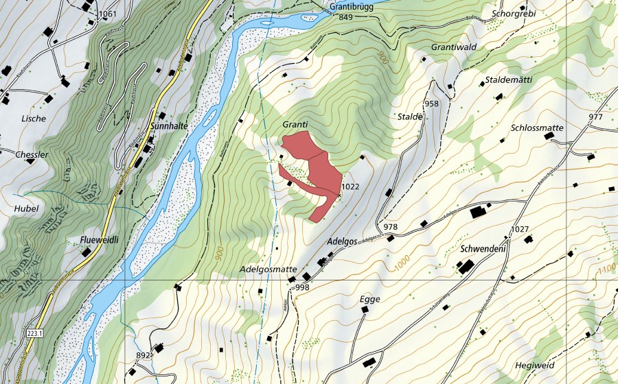 Landeskarte swisstopo mit dem Schutzperimeter von Granti (Trockenwiese)