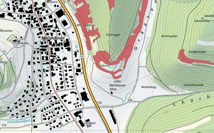 Carte nationale swisstopo avec le périmètre protégé de Grätental (Prairie sèche)