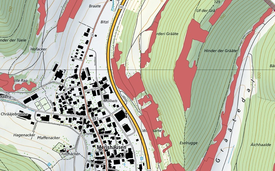 swisstopo national map showing the protected perimeter of Grätental (Dry meadow)
