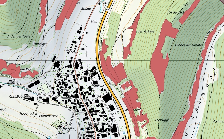 Carte nationale swisstopo avec le périmètre protégé de Grätental (Prairie sèche)