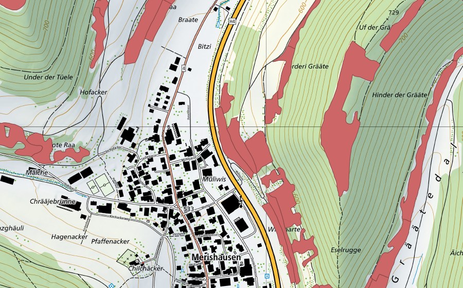Carte nationale swisstopo avec le périmètre protégé de Grätental (Prairie sèche)