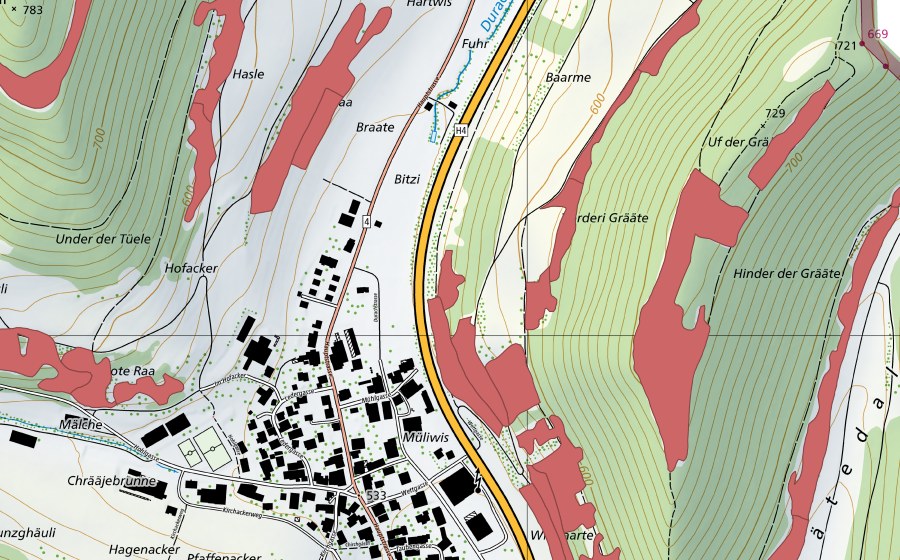 Landeskarte swisstopo mit dem Schutzperimeter von Grätental (Trockenwiese)