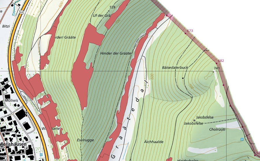 Carte nationale swisstopo avec le périmètre protégé de Grätental (Prairie sèche)