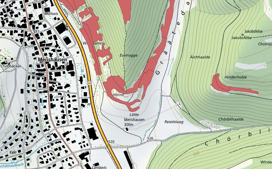 Landeskarte swisstopo mit dem Schutzperimeter von Grätental (Trockenwiese)
