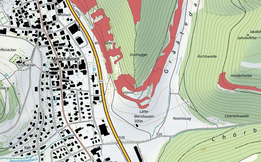Landeskarte swisstopo mit dem Schutzperimeter von Grätental (Trockenwiese)