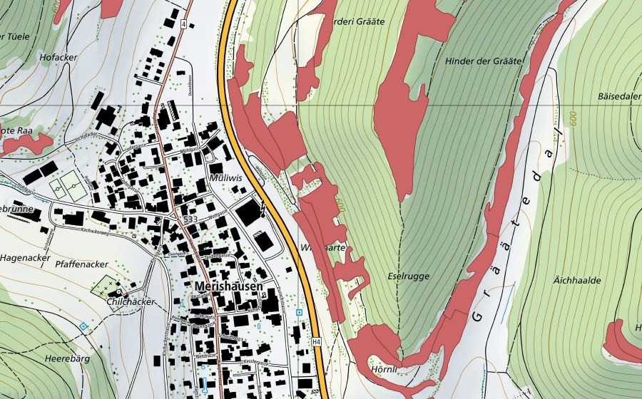 Carte nationale swisstopo avec le périmètre protégé de Grätental (Prairie sèche)