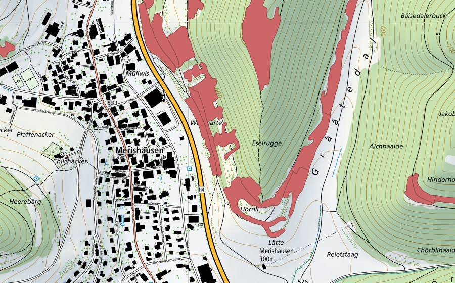 Carte nationale swisstopo avec le périmètre protégé de Grätental (Prairie sèche)