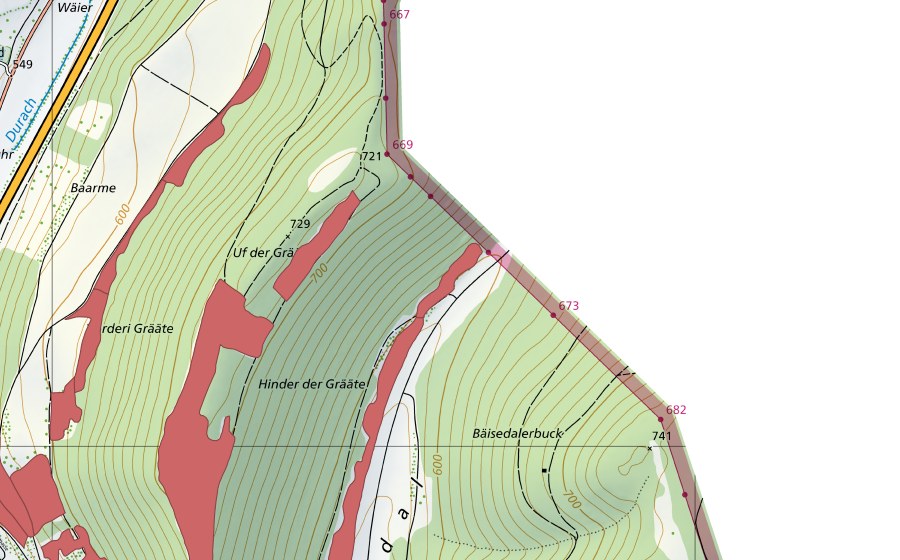 swisstopo national map showing the protected perimeter of Grätental (Dry meadow)