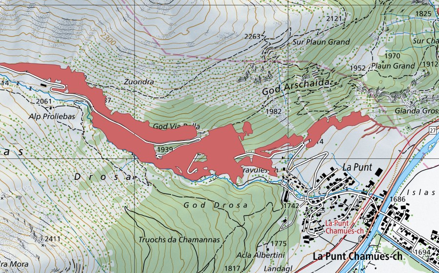 Carte nationale swisstopo avec le périmètre protégé de Gravulesch (Prairie sèche)