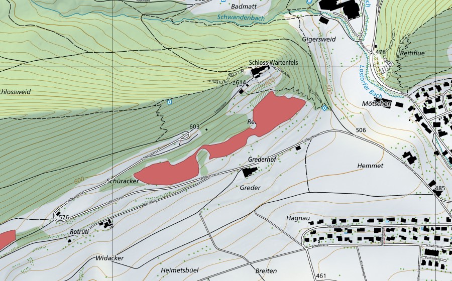 swisstopo national map showing the protected perimeter of Grederhof (Dry meadow)
