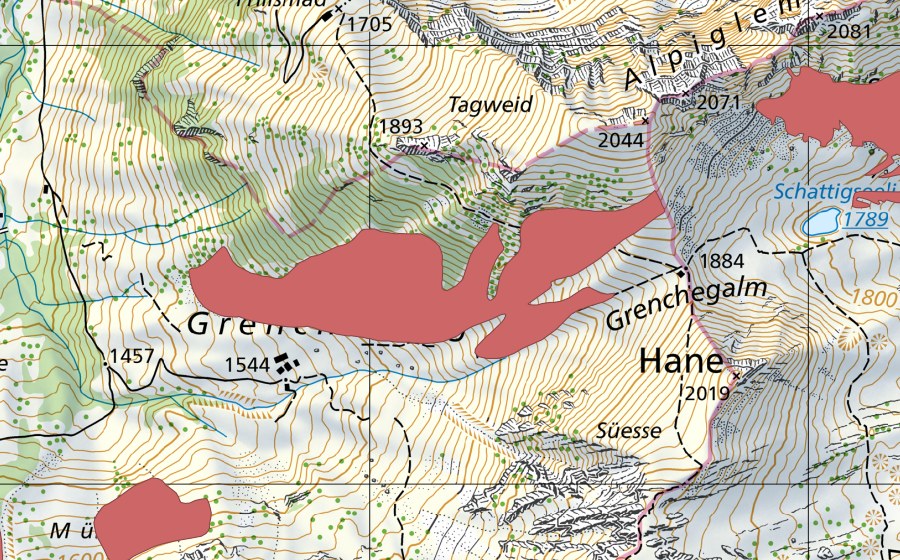 swisstopo national map showing the protected perimeter of Grencheberg (Dry meadow)