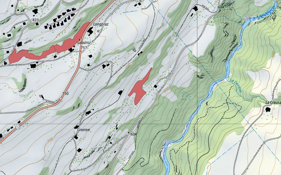 Carte nationale swisstopo avec le périmètre protégé de Grenive (Prairie sèche)