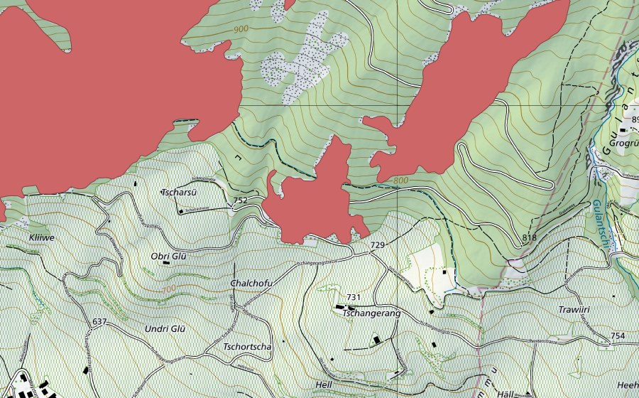 Landeskarte swisstopo mit dem Schutzperimeter von Groggrü (Trockenwiese)