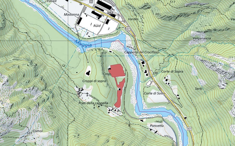 Carte nationale swisstopo avec le périmètre protégé de Gropp (Prairie sèche)