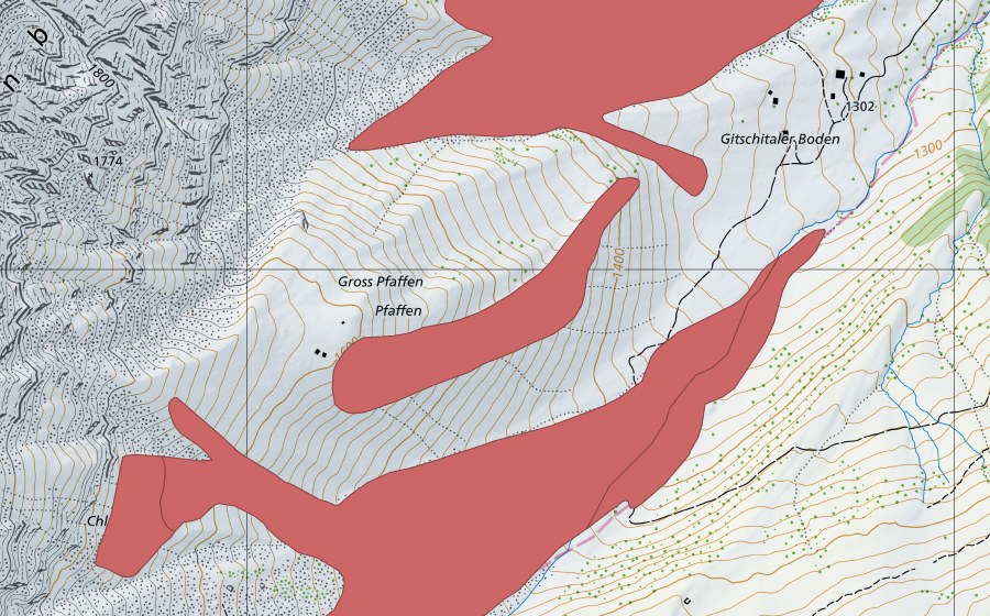 Landeskarte swisstopo mit dem Schutzperimeter von Gross Pfaffen (Trockenwiese)